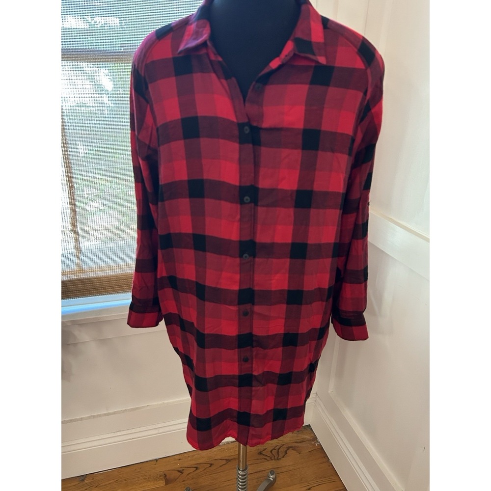 Flannel Nightgown 1-2X Night Shirt Red Buffalo Plaid Donna Karan Sleepwear